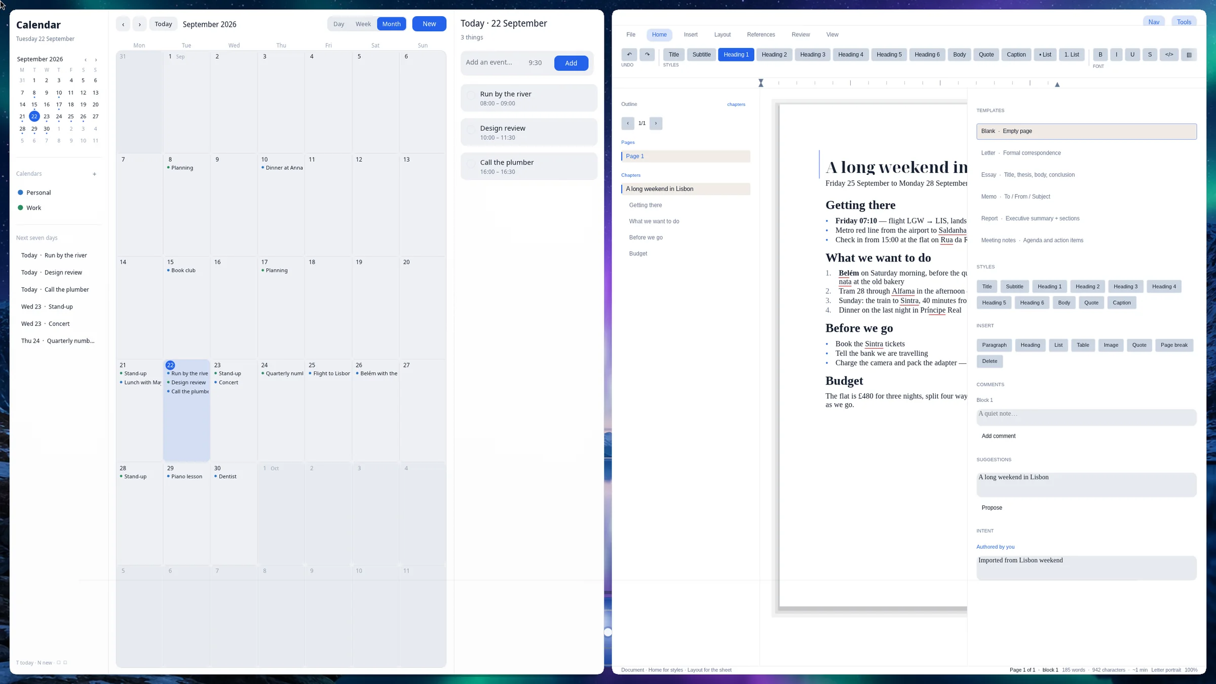 Calendar and Writer side by side