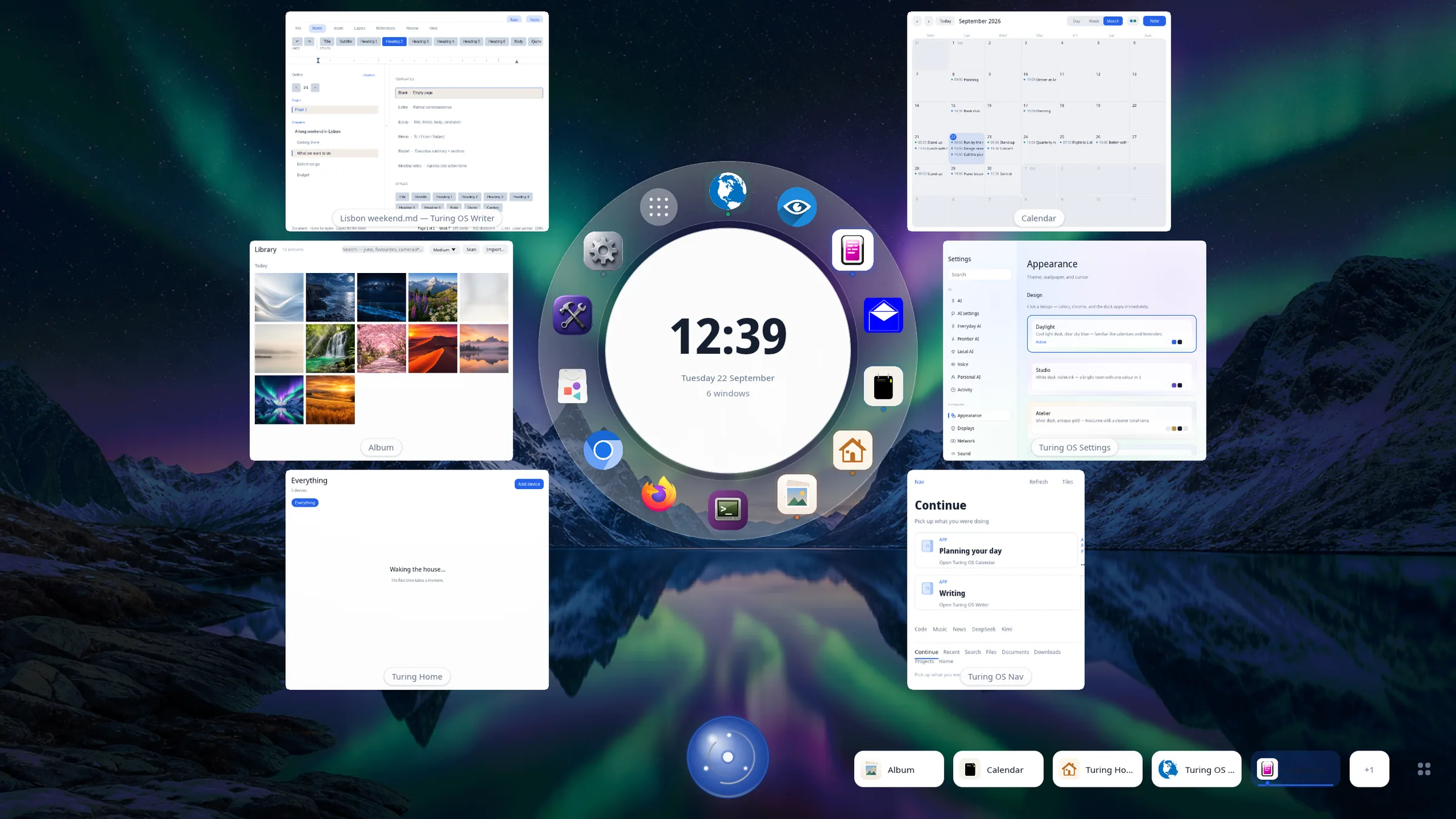 The Turing AI OS overview: every open window around a clock, with the apps in a ring