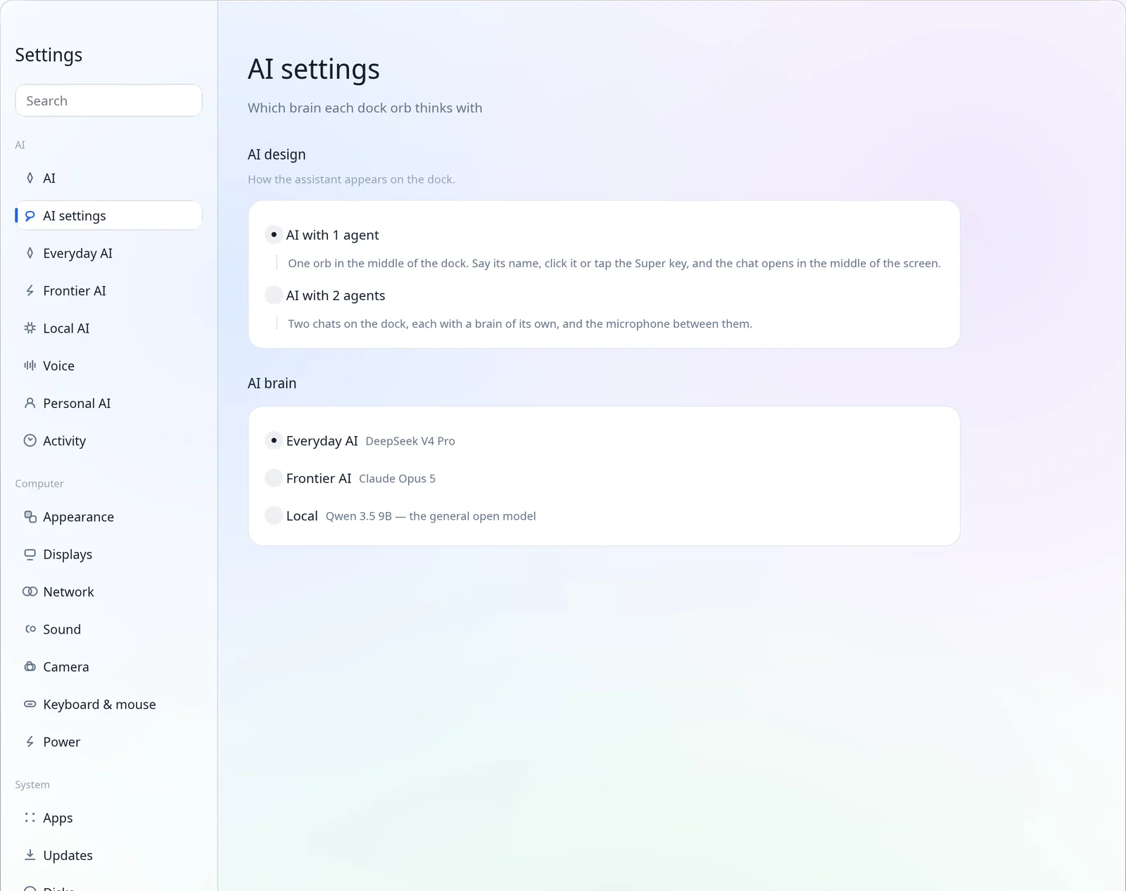 Settings, AI settings: one or two orbs on the dock, and which brain each thinks with