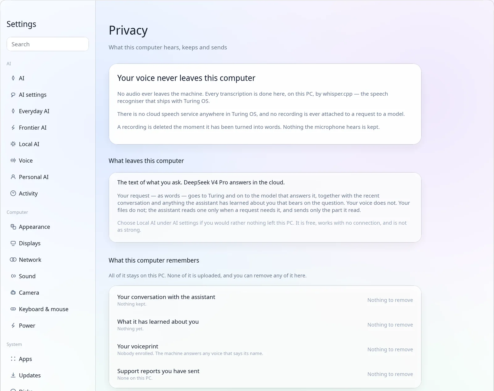 Settings, Privacy: what this computer hears, keeps and sends