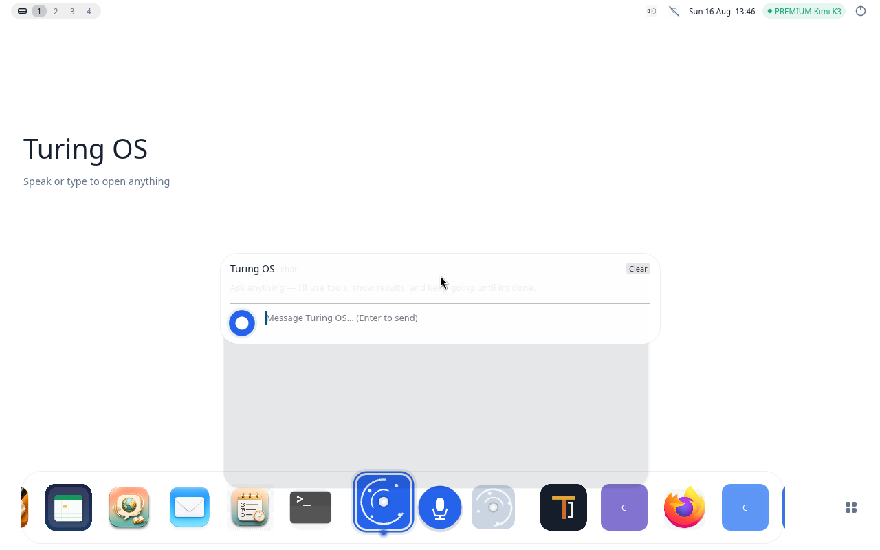 The Turing AI OS desktop: dock along the bottom, command panel in the centre