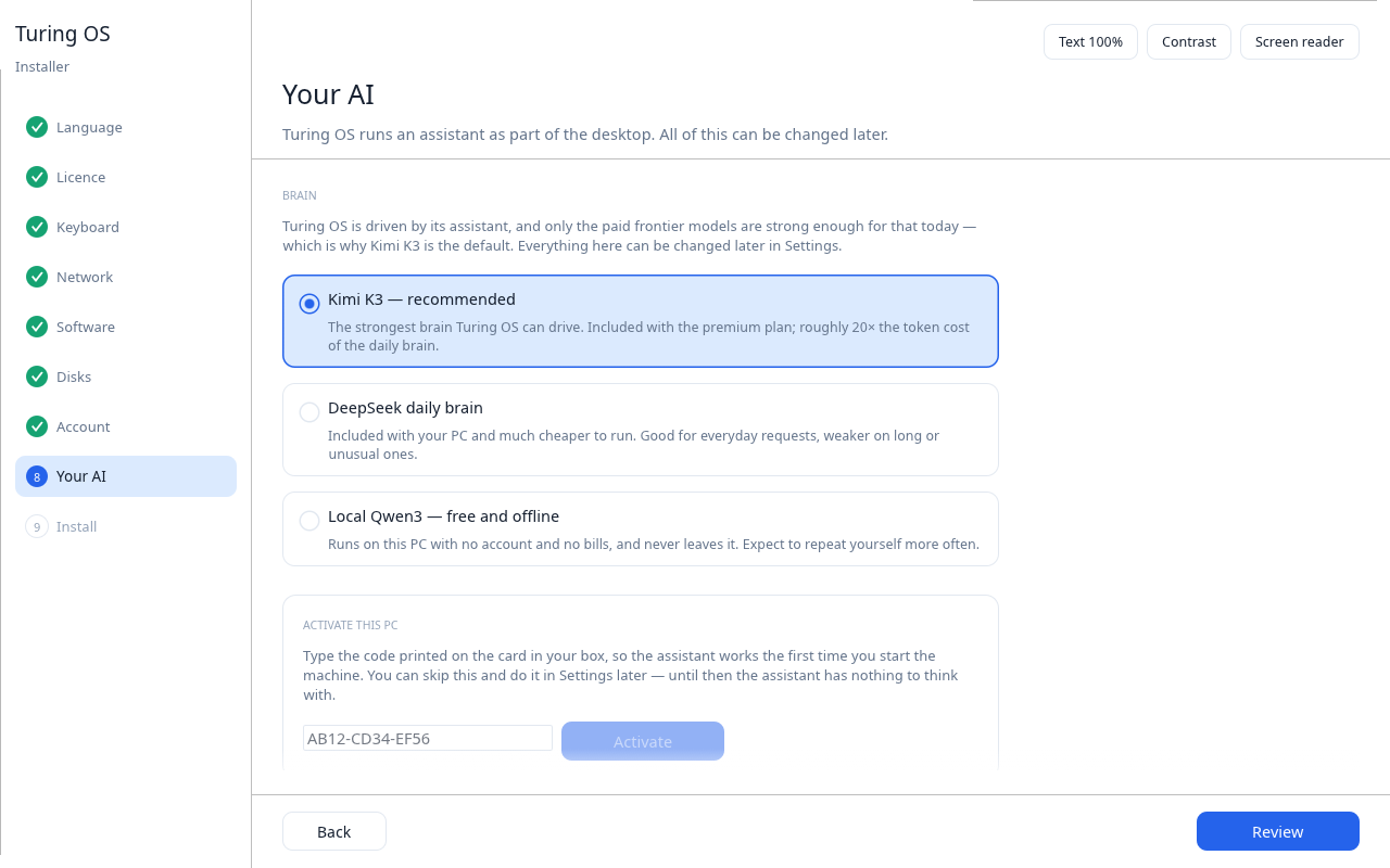 The Turing AI OS installer asking which AI brain to use