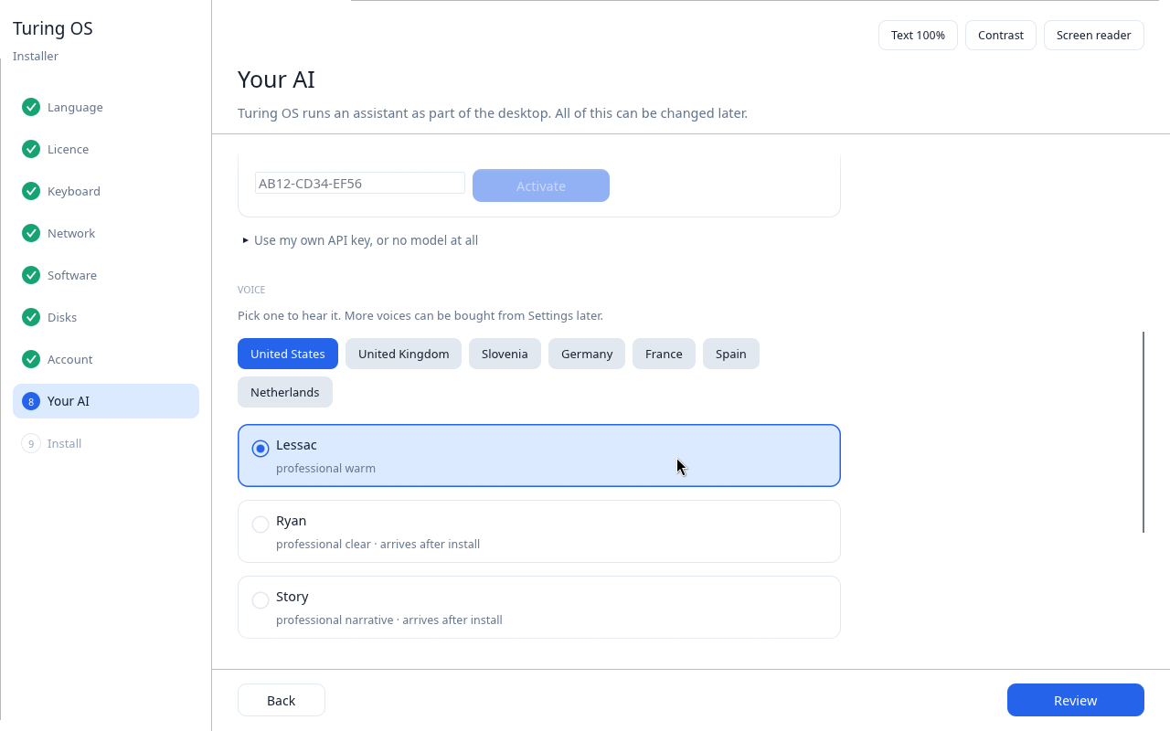 Choosing an assistant voice while installing Turing AI OS