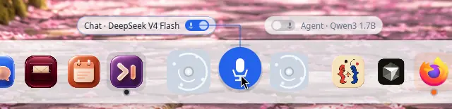 The Turing AI OS dock: two AI orbs either side of the microphone, one labelled Chat · DeepSeek V4 Flash and the other Agent · Qwen3 1.7B